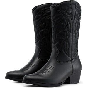 Dodow Women's Black Pointed Toe Zipper Western Cowgirl Pu Mid Calf Boots